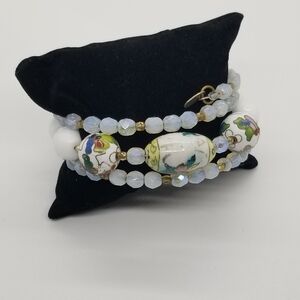 Lenore Solmo memory wire wrap bracelet milky glass beads and painted beads